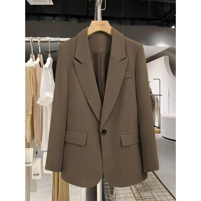 Brown Single-Breasted Blazer Women's Slim Fit Formal Office Classic Solid Color Work Outerwear