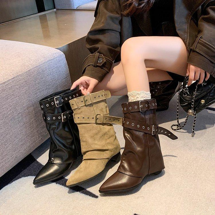 American Spice Girls~ 2025 Autumn and Winter New Belt Buckle Pants Boots Height Increasing Pointed Short Boots Women's Western Cowboy Boots