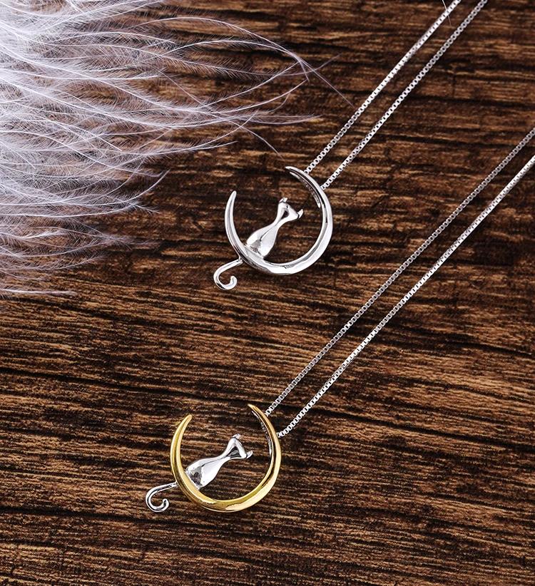 925 Silver moon cat Necklaces Pendant Silver Jewelry Statement for Women Bijoux