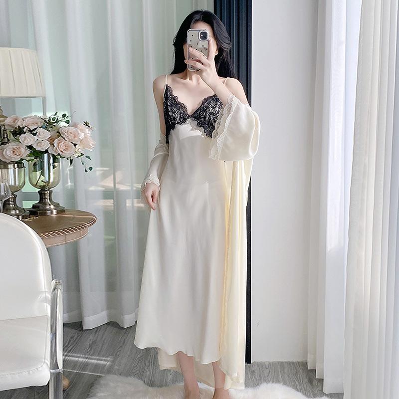 Sexy pajamas women's spring and autumn pure lace temptation loungewear with chest pad long suspender nightgown nightgown set summer