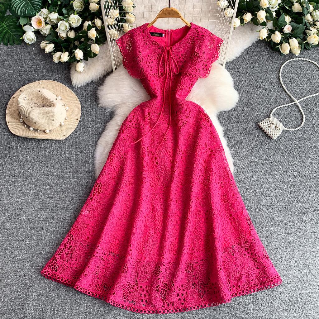 Elegant Lace Hollow Out Long Dresses Women's Holiday Short Sleeve Cape Embroidery Evening Party Summer Dress