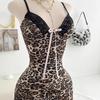 In Stock - Leopard Print Deep V Lace Bodycon Skirt Backless Dress