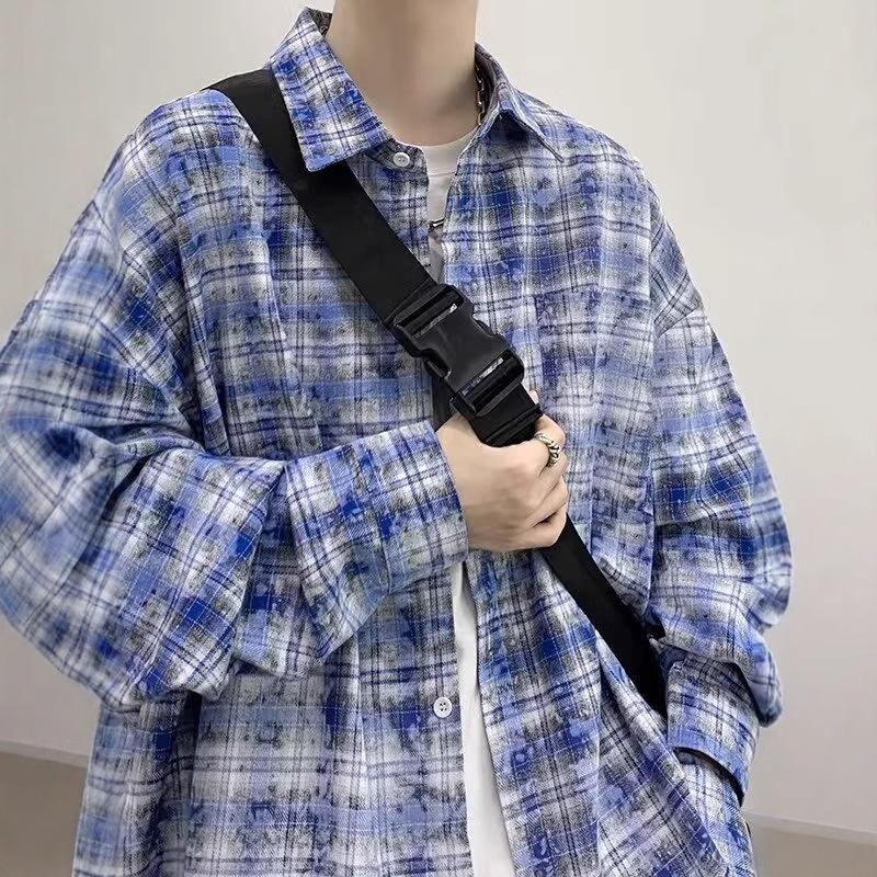 

2024 Spring/Summer Korean Checkered Long Sleeve Casual Shirt Jacket for Couples XXXL синій