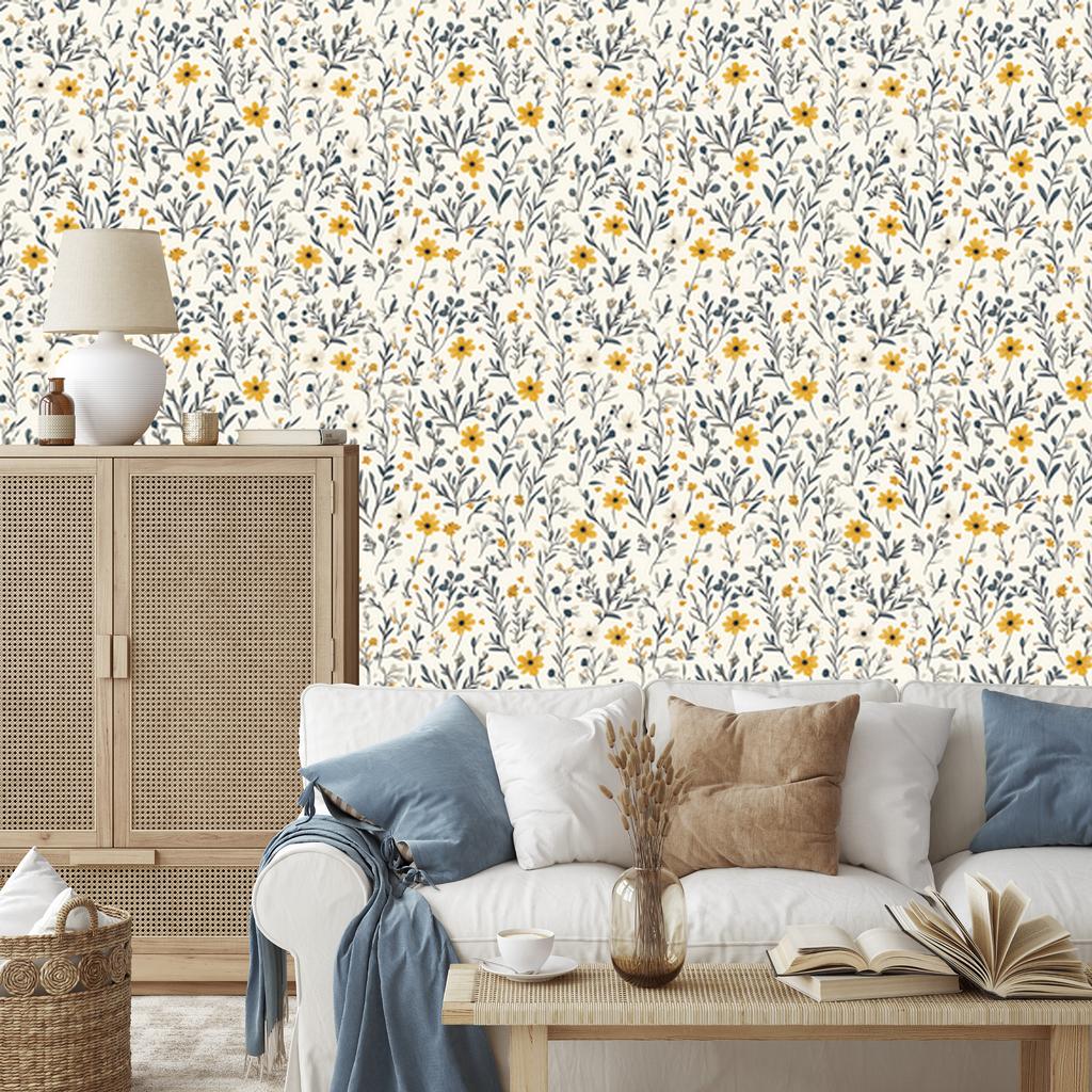 Wild Flowers Wallpaper Light Gray and White for Living Room and Bedroom 50x1000