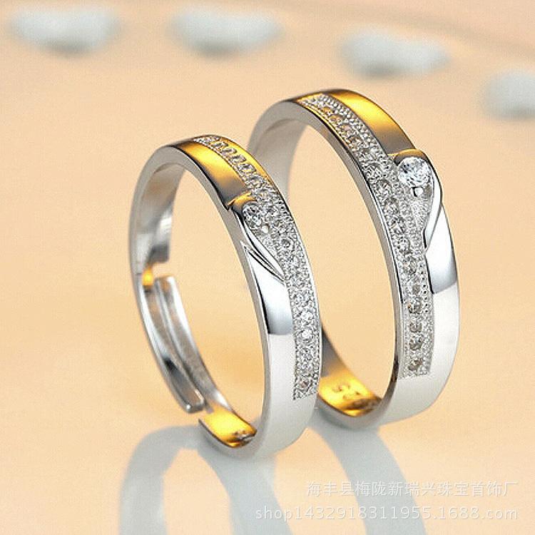 2PCS 925 Sterling Silver Ring Adjustable Open Couple Engagement Rings for Women Men Wedding Ring Party Fashion Jewelry Gift