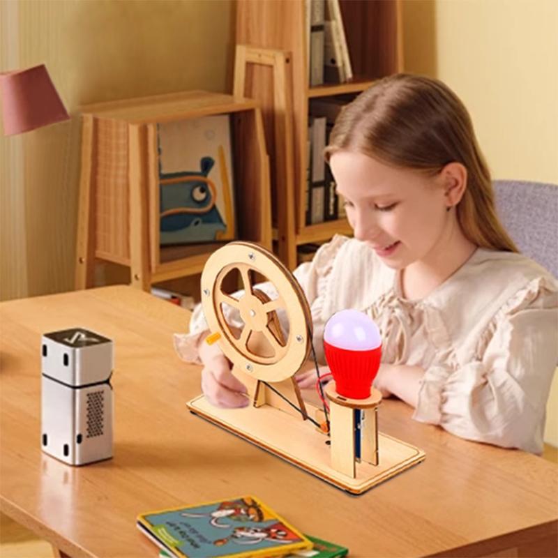 Creative self-made handmade puzzle scientific teaching tool model for children's wooden hand cranked generator
