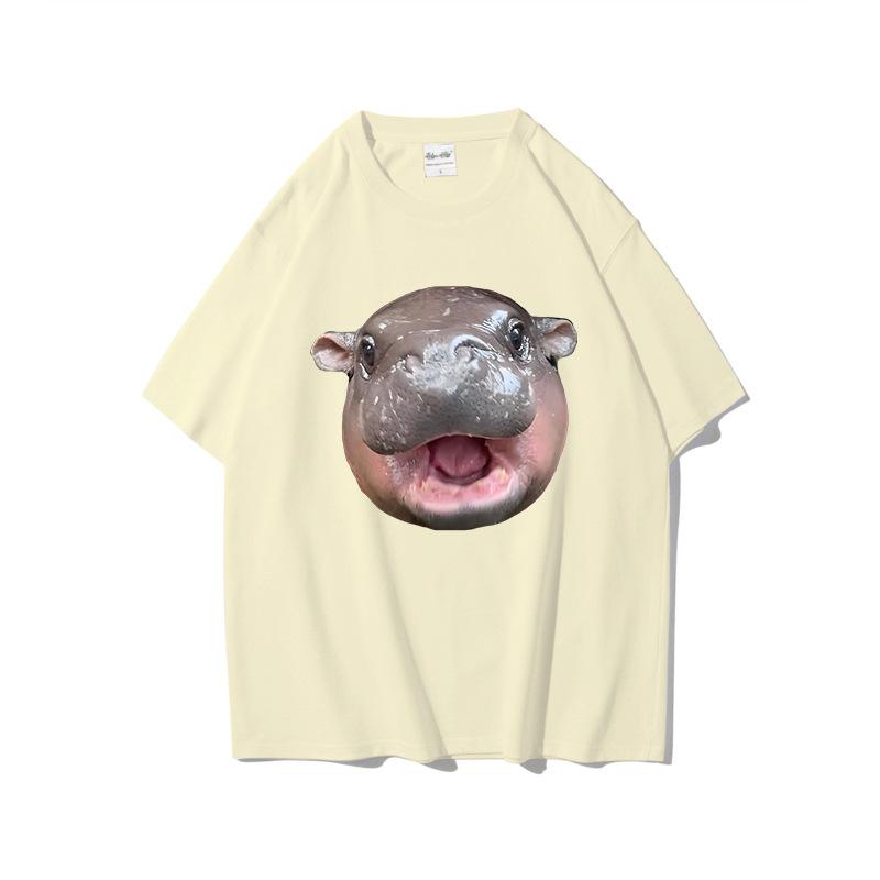 Fun Printed Moo Deng Bouncing Pig Casual T Shirts Trend Loose Cotton Short Sleeved Round Neck Top