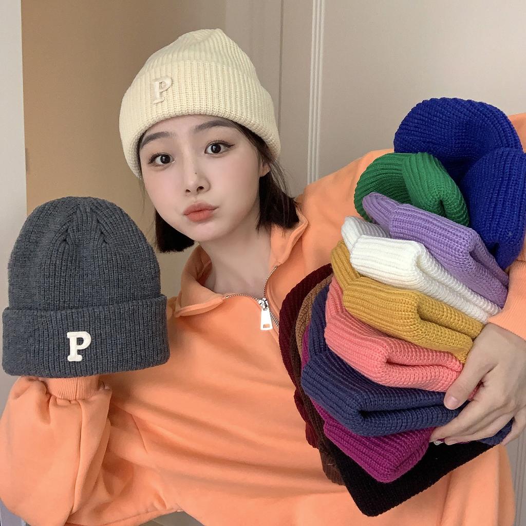 Women's Autumn and Winter Korean Version Ins Trendy Fashion Warm Men Versatile Student P Letter Casual Knitted Cold Hat