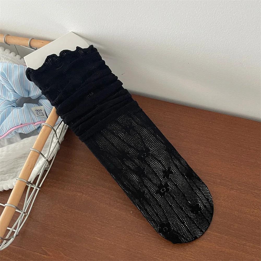 1 Paar Spitzensocken für Damen, aushöhlen, Netzstoff, dünn, atmungsaktiv, Sommer, lose, lange Socken, Blumenstickerei, süße Mädchen, japanische Kawaii-Socken