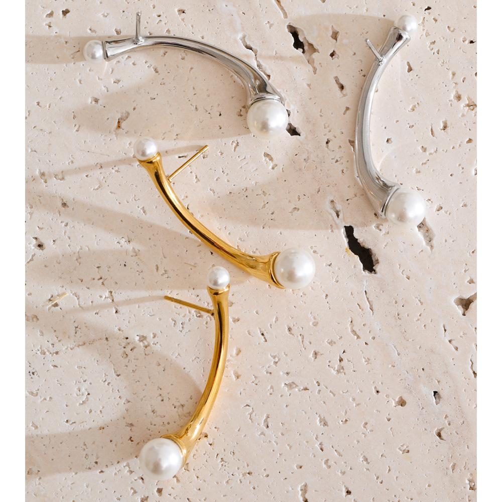 Yhpup Daily Stainless Steel Simulated Pearl Fashion Earrings 16K Golden Platinum PVD Plated Geometric Chic Modern Korean Jewelry