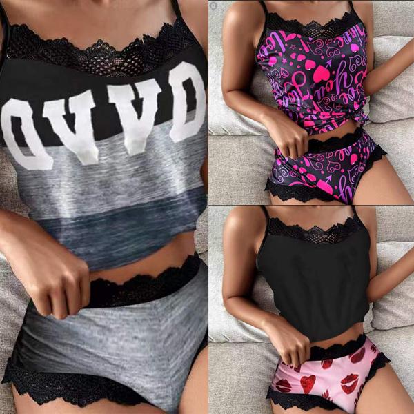 

S-3XLPrinted Sleepwear Женский сексуальный жилет и шорты на бретельках Комплект повседневной домашней одежды