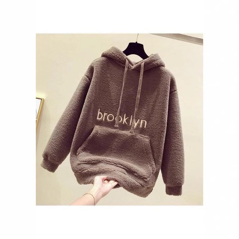 Women's 2024 Autumn/Winter Korean Style Lambswool Hooded Sweatshirt - Loose Fleece-Lined Thick Top