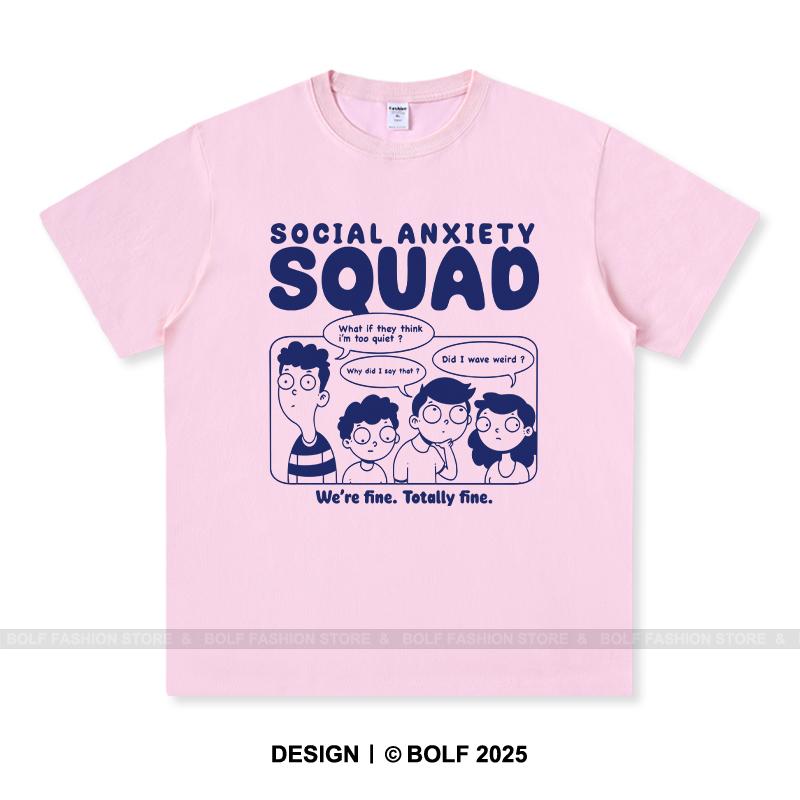Women's Social Anxiety Squad Printed T-Shirt 100% Cotton Oversized Relatable Graphic Tees for Men Summer Tops Mood Streetwear