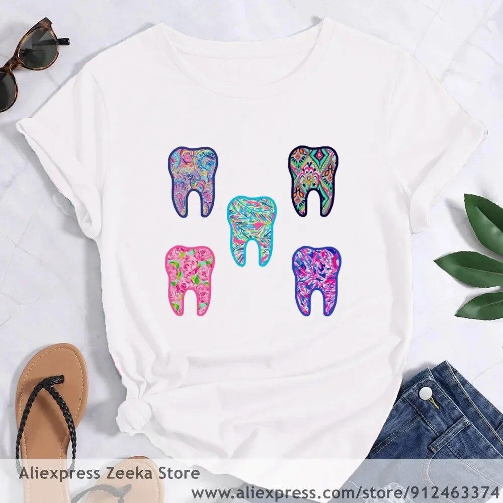 Zahn und Zahnarzt Grafik Ästhetik Frauen Lustige Print Damen T-shirt Mädchen Y2K Harajuku Basis O-kragen Weißes Hemd Kurze