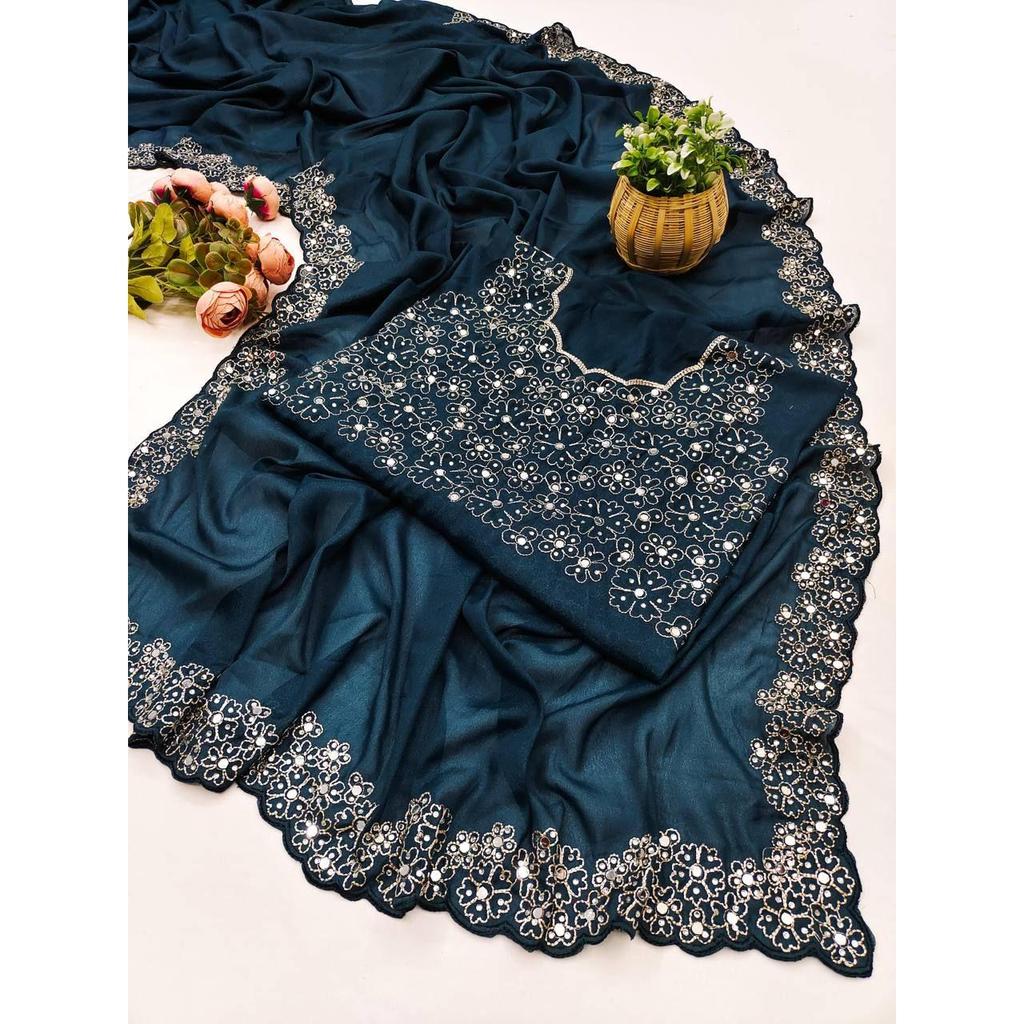 *Beautiful Party Wear Mirror Work Saree Collection Presented*