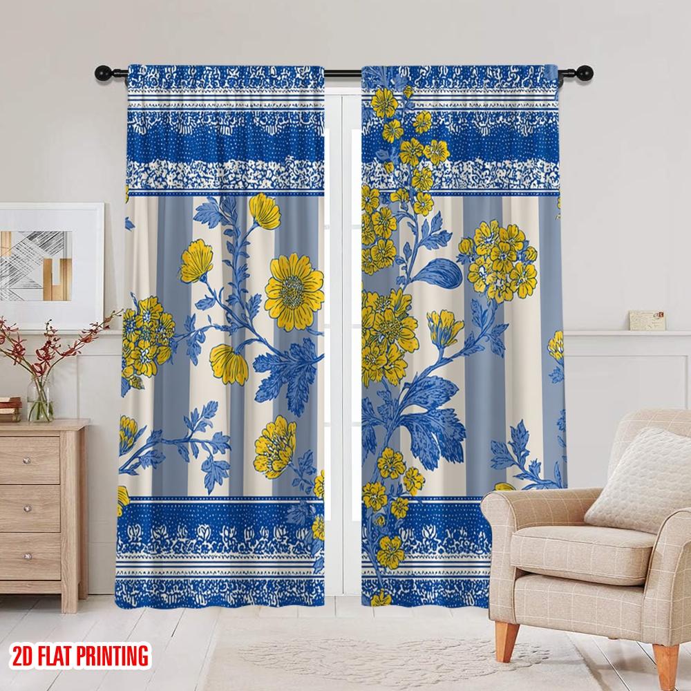 2pcs,2D Plane Printing Curtains Roller Blinds Blue Yellow Floral Stripes Polyester Easy Install (without Rod) Home Decor for