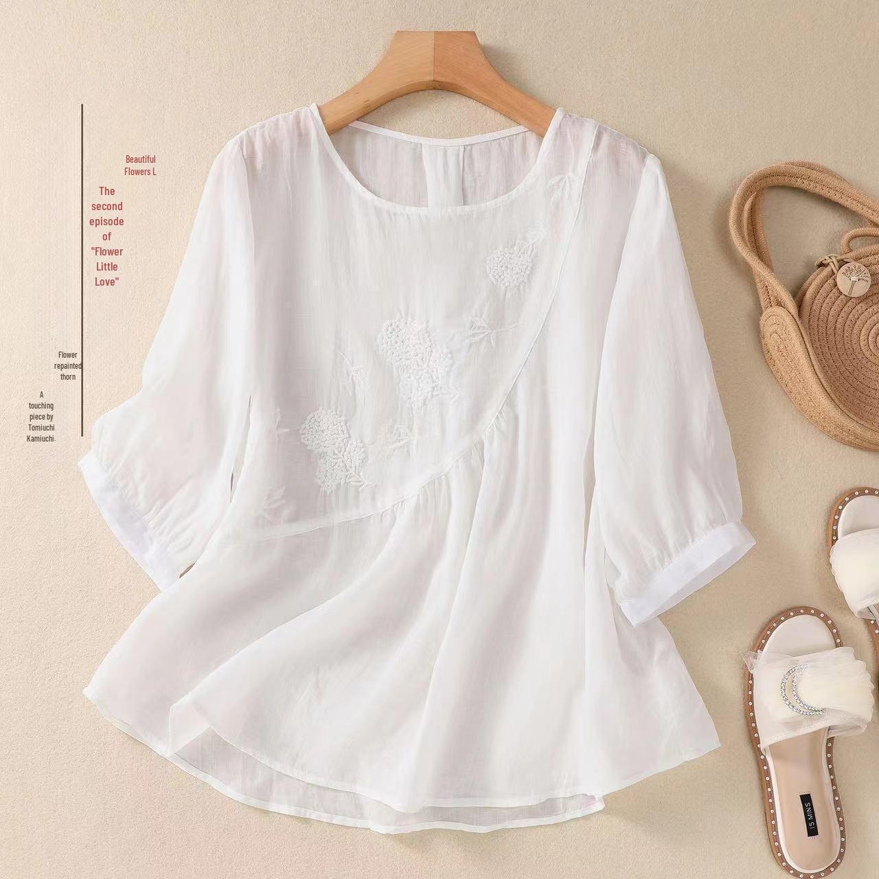 

Летняя ретро-вышитая футболка из хлопка и льна: Однотонный, свободный крой, круглый вырез 4XL