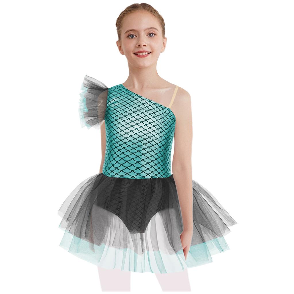 Αποκριάτικη Στολή Μπαλαρίνας για Κορίτσια: Τουτού Φόρεμα με Έναν Ώμο και Σχέδιο Λεπίδες Ψαριού, Αμάνικο Λεοτάρ/Μπλουζάκι Χορού