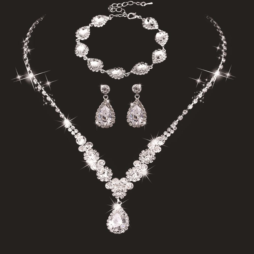 Three-Piece Rhinestone Zircon Bridal Jewelry Set: Tear Drop Necklace, Earrings & Bracelet
