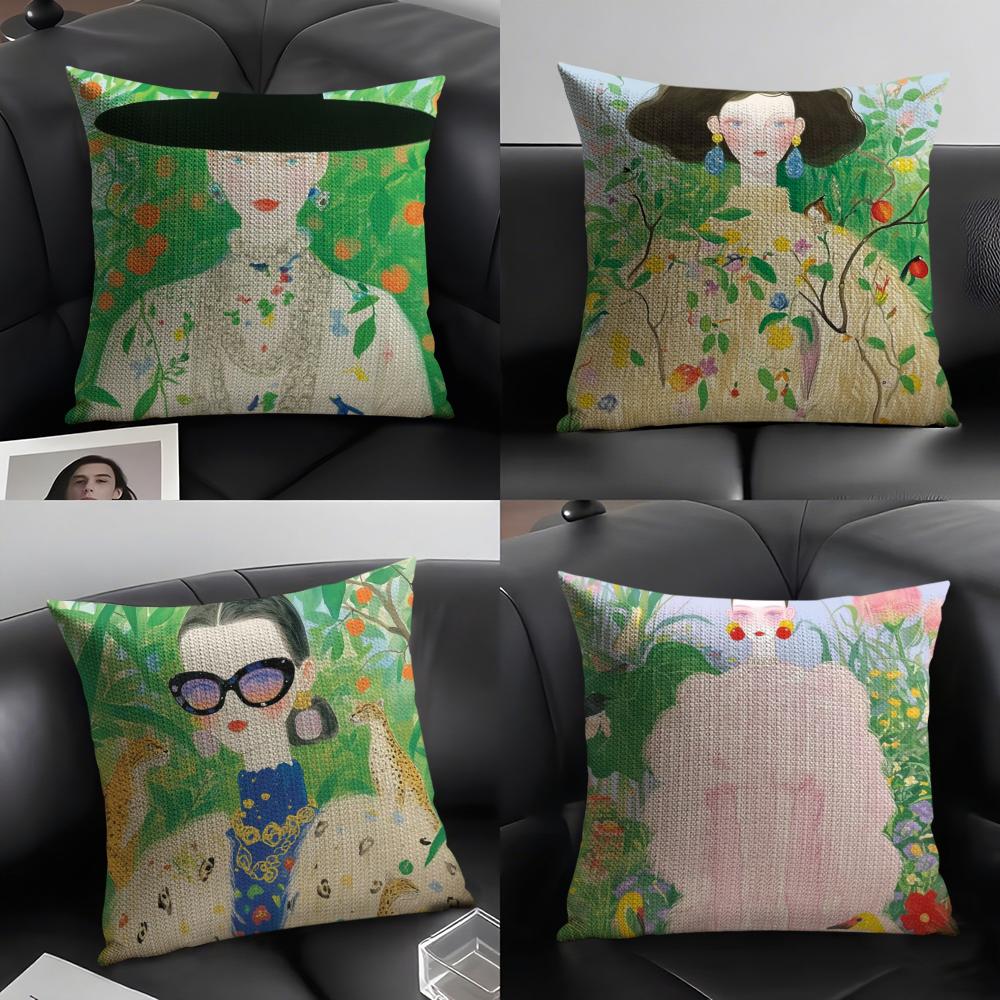 1PC Fashion Illustration Cushion Cover Natural Linen Organic Fabric DoubleSided Printing Sofa Home Decor Gift Pillow Case