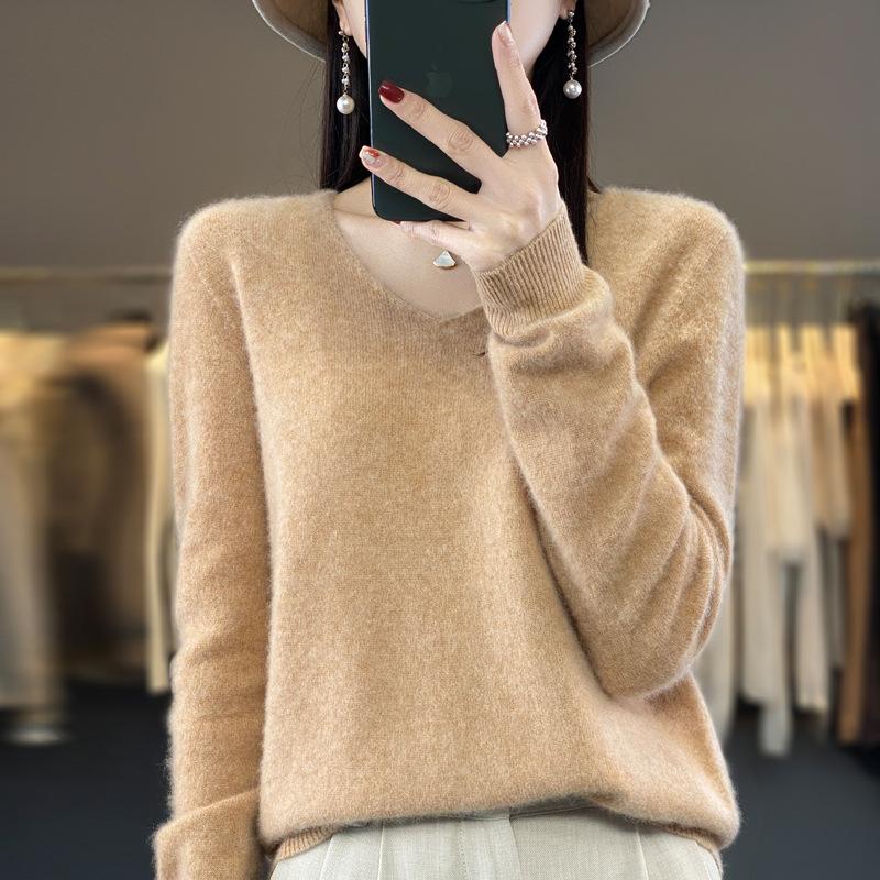 Modny Wełniany Sweter Kaszmirowy Pulower Damska Dzianina Dekolt V Długi Rękaw Jesień Zima Moda Podstawowa Odzież Topy