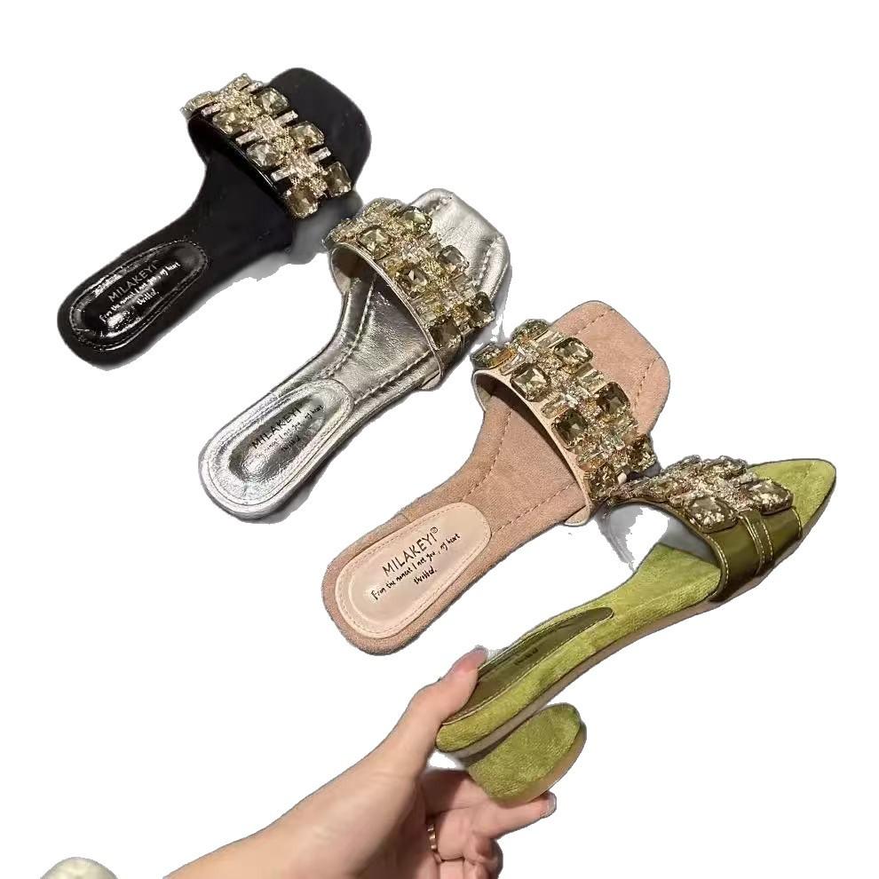 Slippers women's new French rhinestone square head thick heel open toe in the summer of 2025 wear versatile high-heeled sandals