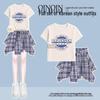 2026 Girls' Summer Two-Piece: White Round Neck T-shirt & Plaid Short Skirt for Older Kids