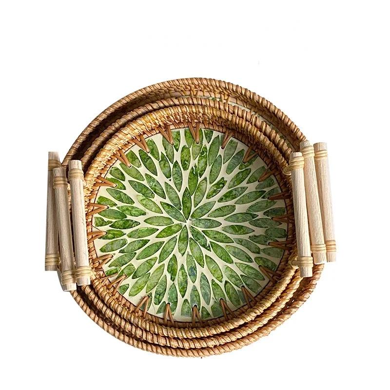 Tabletts zum Servieren von Speisen Serviertabletts Snacktablett Nachmittagstee-Tablett Teller Dessert Rattan Obst Trocken Gericht Süßigkeiten Teller Kuchen Zuhause