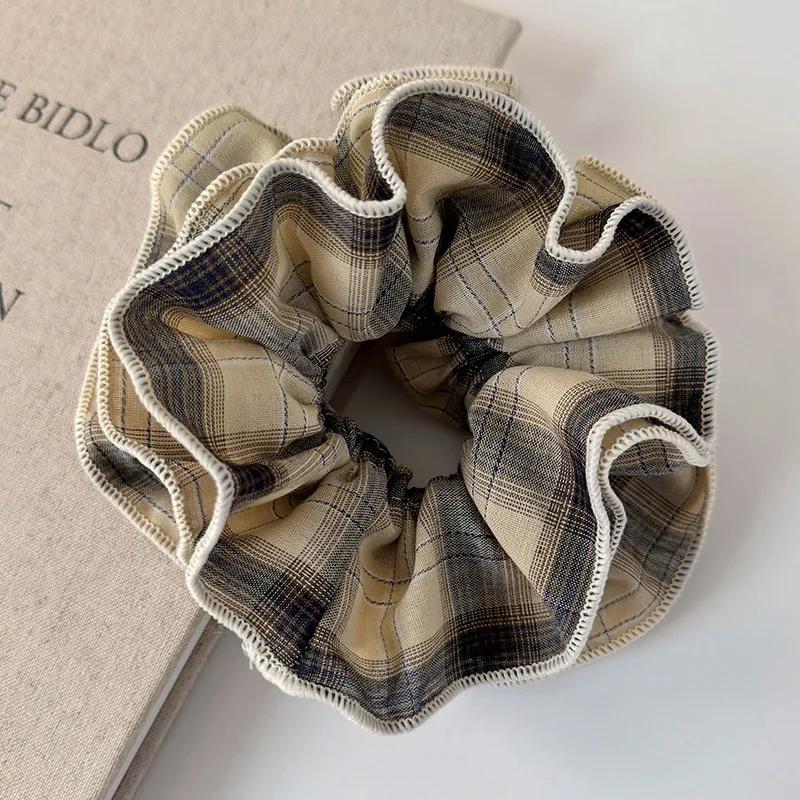 Retro Large Double Layer Plaid Lace Hair Scrunchies Brown Headbands Womens Elegant Hair Tie Girl Hair Rope Rubber Band Headdress
