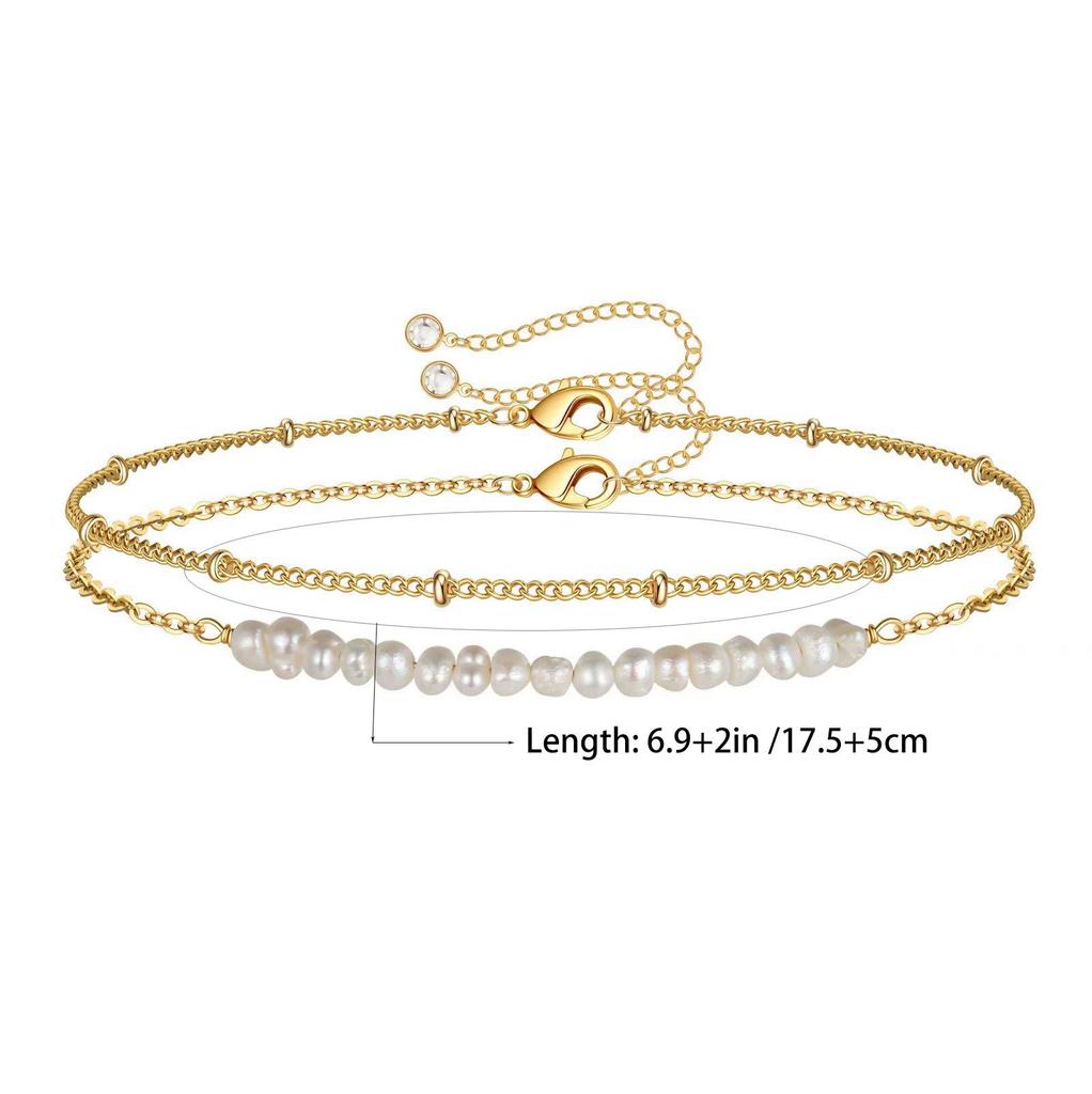 Double Layer Bead Chain Bracelet Set with Semi-precious Stones and Faux Baroque Pearls On 18K Plated Stainless Steel