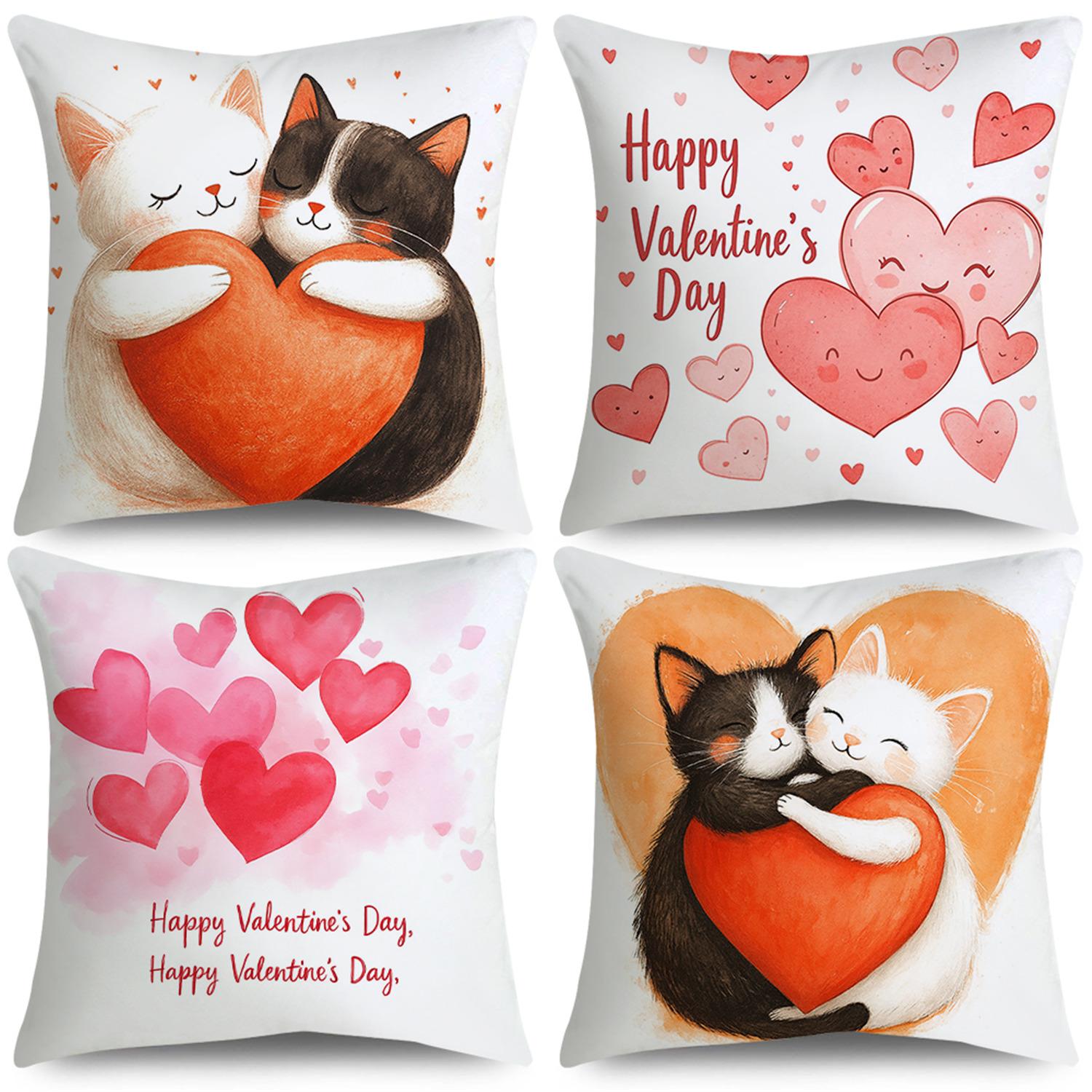 4pcs Valentine S Day Kitty Heart Throw Pillow Covers | Polyester, Zip Closure, Suitable for Bedroom, Sofa, Wedding Anniversary, Party Decor 18 X 18-Inch