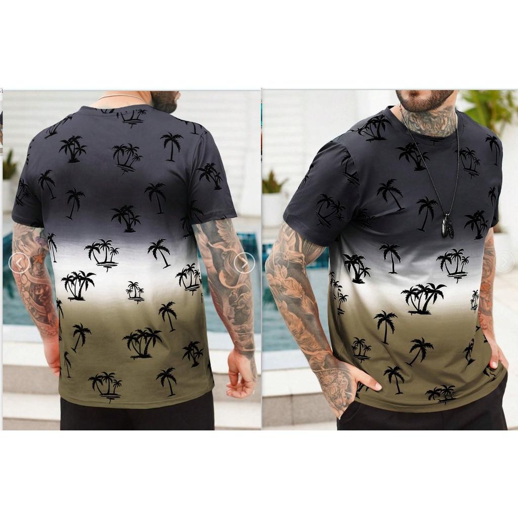 Summer Round Neck 3D Gradient Coconut Tree Pattern Print Top Fashionable Casual Short Sleeved Men's T-shirts