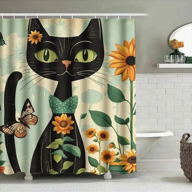 Vintage Chic Black Cat Shower Curtain With Sunflowers Perfect Bathroom Decor Gift For Her