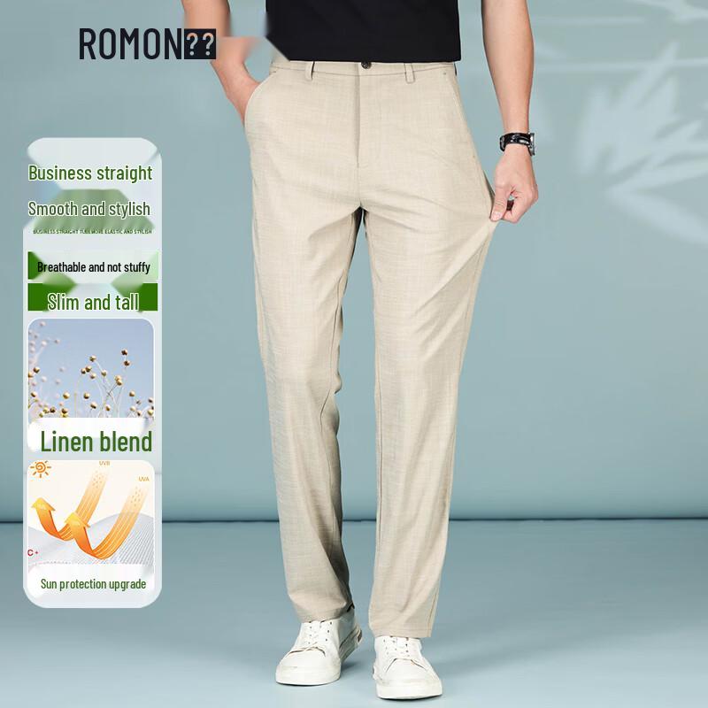 ROMON Men s Linen Blend Straight Fit Anti-Wrinkle Casual Trousers 31