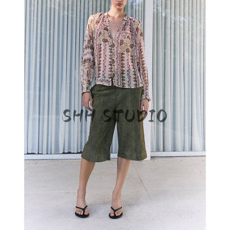 Spring New Women's Clothing Retro Style Patchwork Print Translucent Holiday V-neck Shirt Tops 2556198