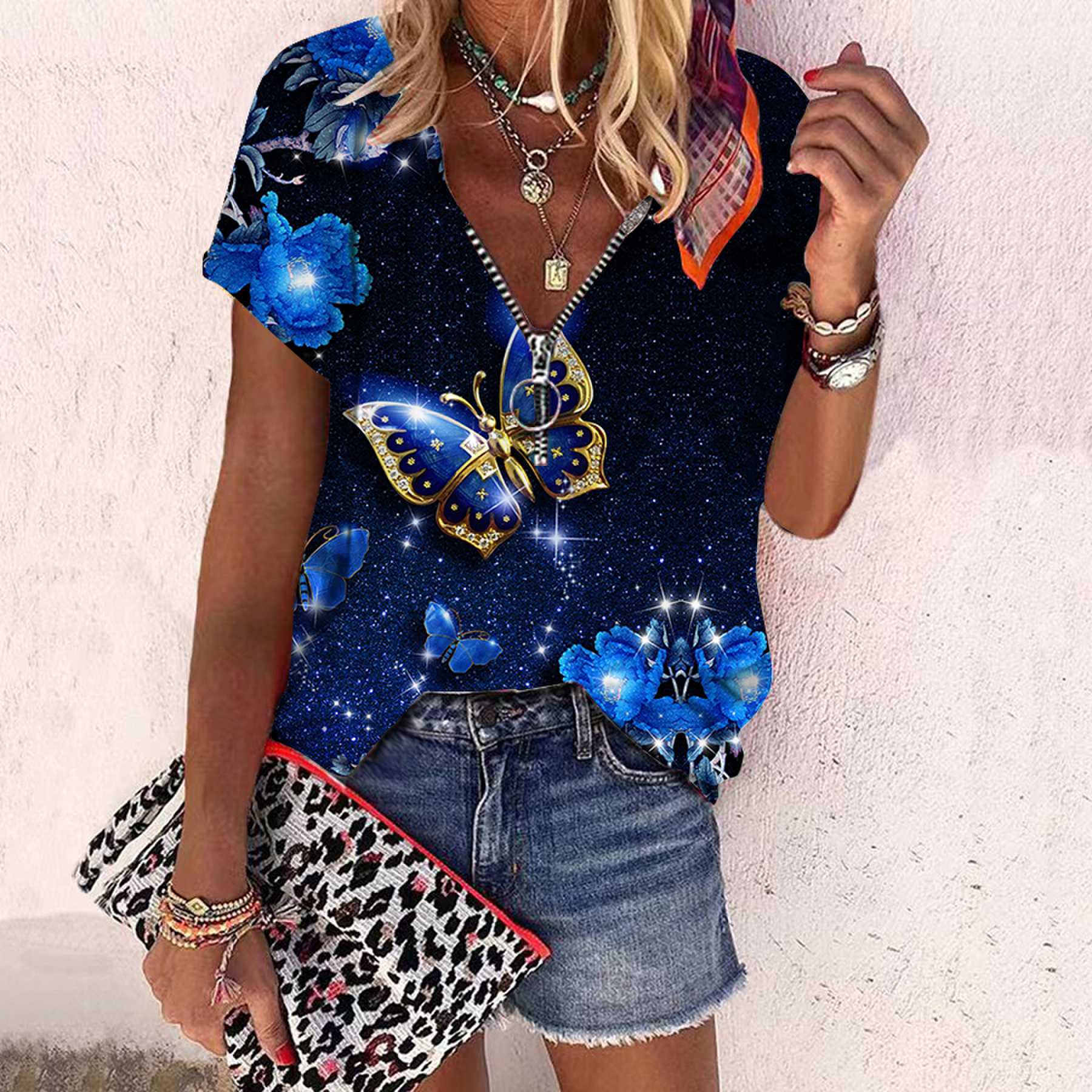 

Жіночий топ, літній новий модний повсякденний топ із принтом літаючих метеликів і квітів троянди, на блискавці, з V-подібним вирізом і короткими рукавами 5XL темно-синього кольору