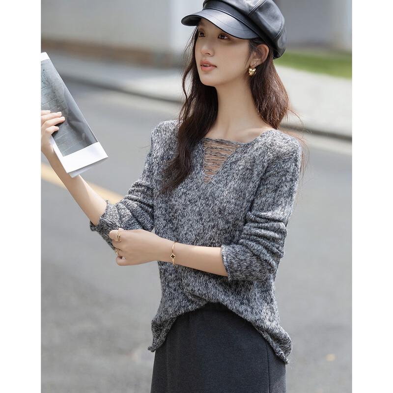 Demana Women's Lamb Wool Blend Round Neck Melange Knit Sweater