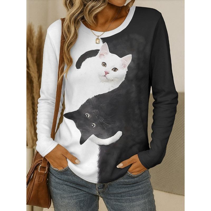 Damen T-Shirt Rundhals Langarm Tunika Grafik Tier Katze Vintage Stilvoll Klassisch Runder Hals Normale Oberteile
