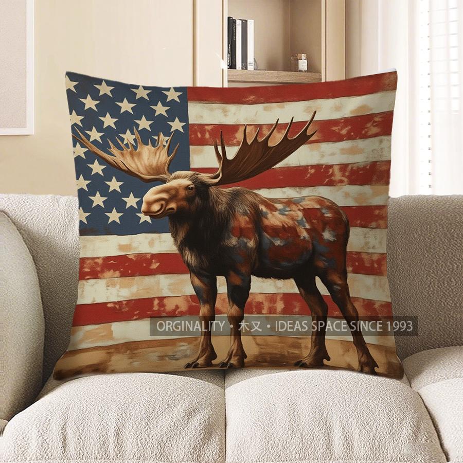 Home Decor American Flag Moose Pattern Throw Pillow Pattern Cushion Cover Suitable for Sofa Bedroom Car Pillow Cover