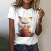 Cute Cat Printing Women's T-Shirts Fashion Top Casual Short Pullover Sleeved Teacup Pattern O-Neck Tee Shirt Female Clothing