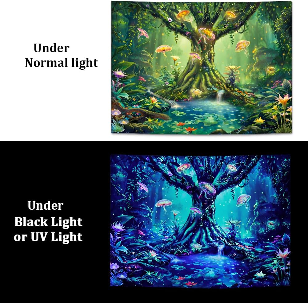 Green Nature Tree Tapestry Fantasy Foresty Tapestry Blacklight Jellyfish Wall Hanging UV Reactive Tree of Life Tapestries Trippy