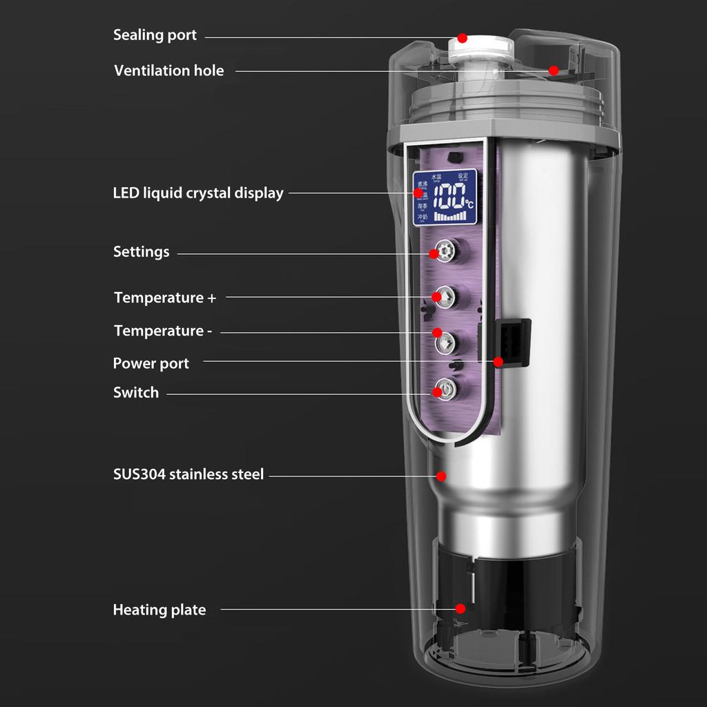 500ml Intelligent Screen Display Car Electric Kettle Car Electric Hot Water Mug Portable Car Heating Cup 12V 24V