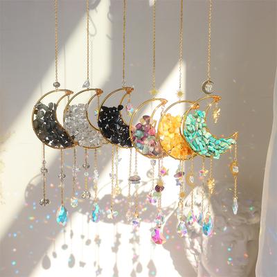 Moon Suncatcher Crystal Wind Chime Gold Moon Metal Hanging Pendant Diamond Rainbow Sun Catcher Window Car Hanging Garden Decor