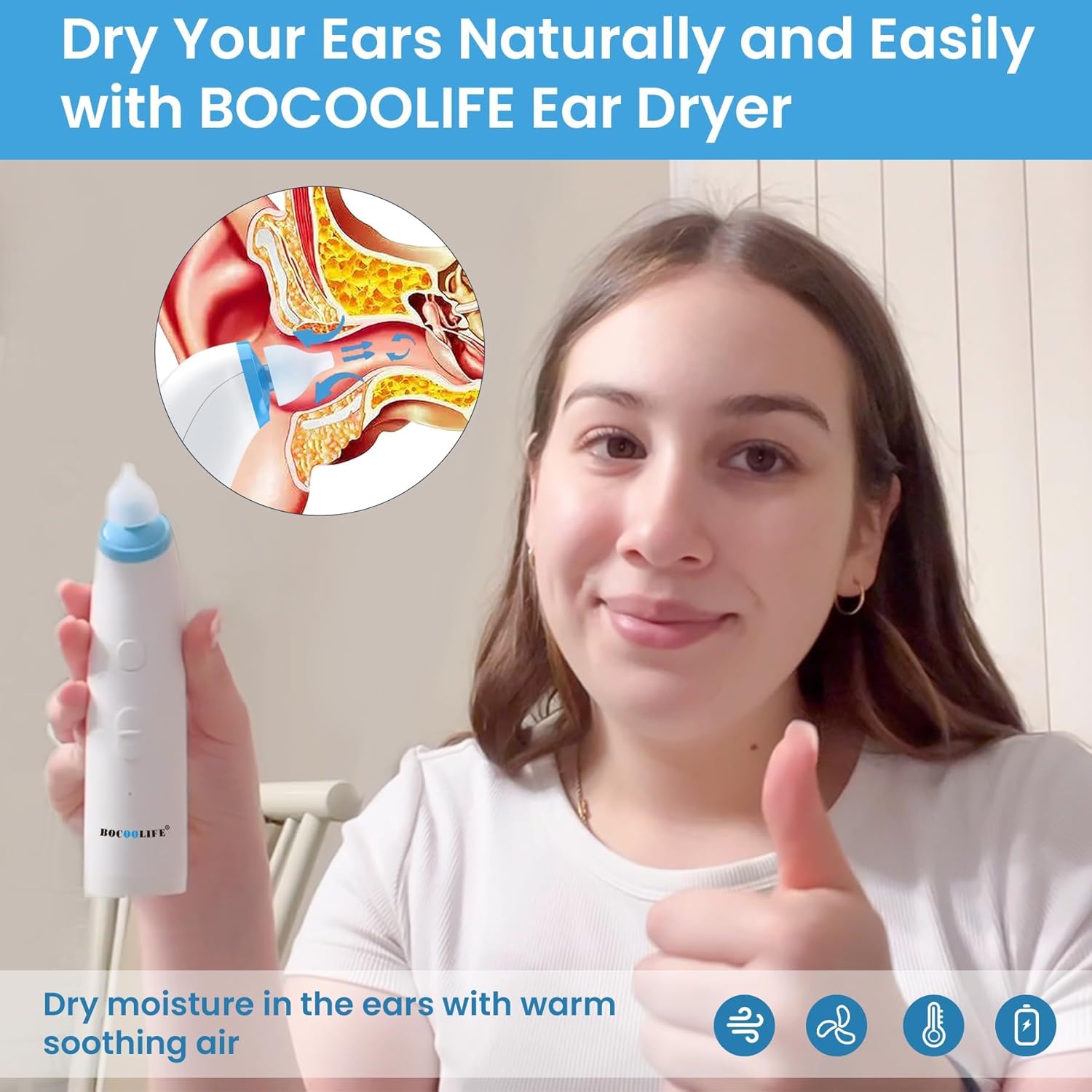 BOCOOLIFE Ear Dryer Ear Moisture Water Removal with 7 Ear Tips, Ear Drying Device, Electronic Warm Air Ear Water Remover for Swimmers, Showering,