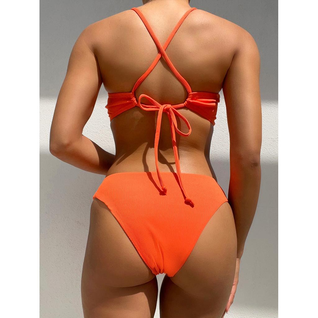 Buy Wrinkled Designer Swimsuit Women Ribbed Orange Luxury Swimwear 2022