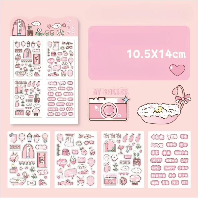 4Pcs Cute Pink  Sweetheart Cartoon Stickers Frosted PET Transparent Scrapbook Journal Sticker Deco Kawaii Girl Stationery Decals