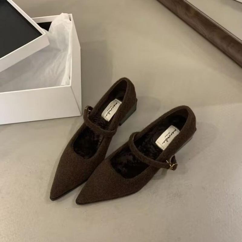 Winter Cotton Women Mary Jane Shoes Shallow Pointed Toe Shoes Concise Square Heels Shoes Zapatillas De Mujer