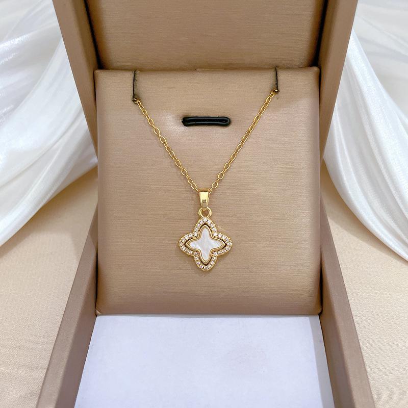 Clover Shell Micro-Inlaid Necklace Earrings Set Light Luxury Personality Temperament Earrings Necklace Combination