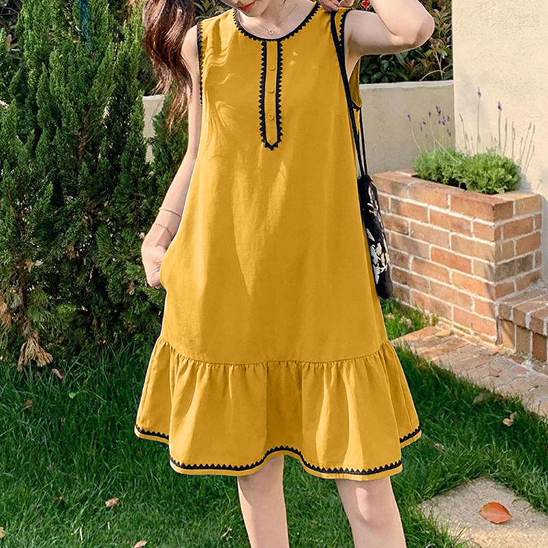 ZANZEA Women Casual Round Neck Loose Sleeveless Dress