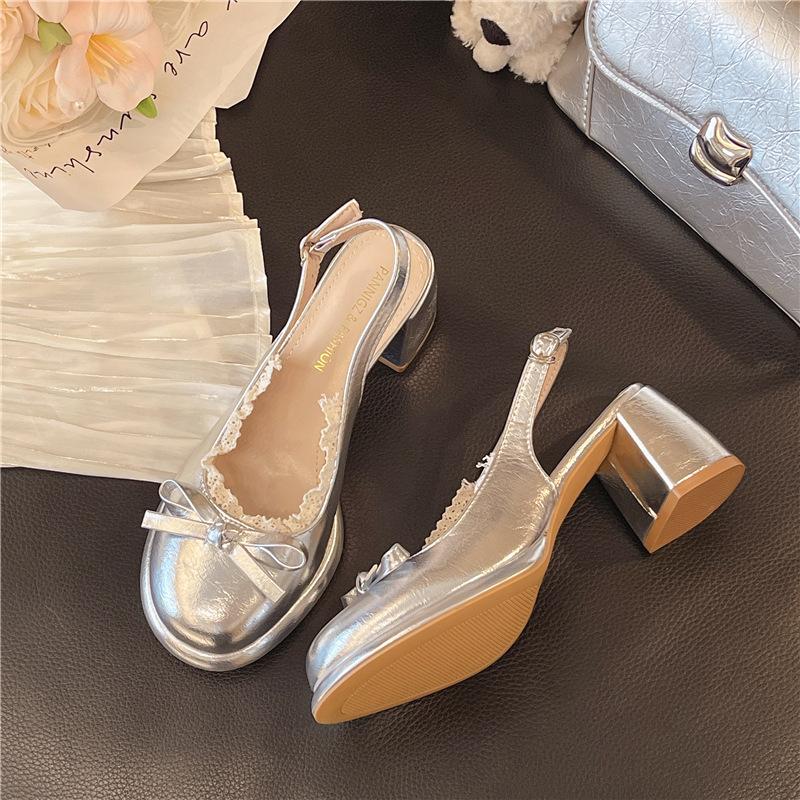French niche design sense bow with lace thick heel cool slippers women's summer fashion high heel word with sandals